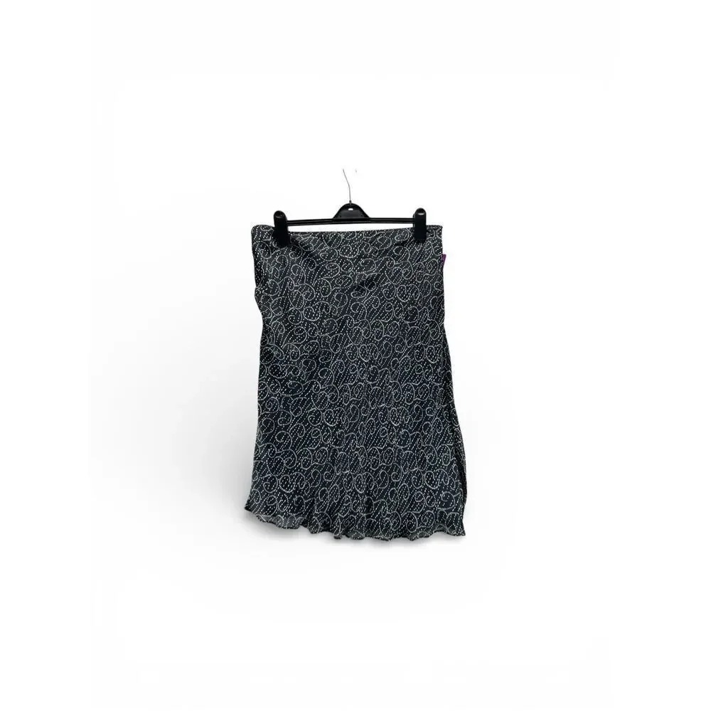 New 100% Silk Swirl Print Skirt XL Black White Bias Cut Y2K Minimal Office Siren